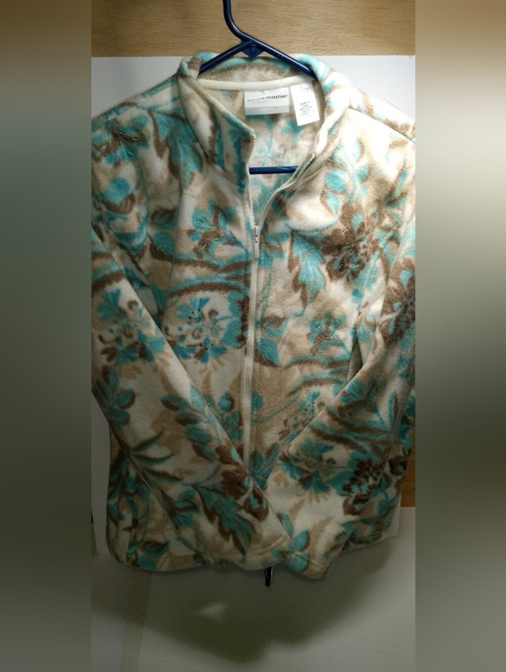 Alfred Dunner Women's Fleece Jacket Blue Tan Flowers Size Petite